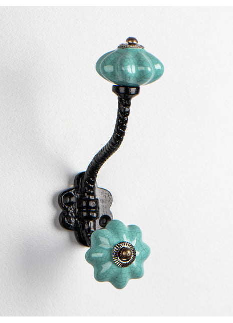 Cracked Teal Shade Flower Shaped Knob With Metal Wall Hanger