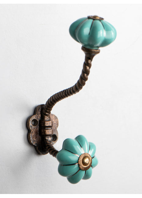Turquoise Ceramic Flower Shaped Drawer Knob With Metal Wall Hanger