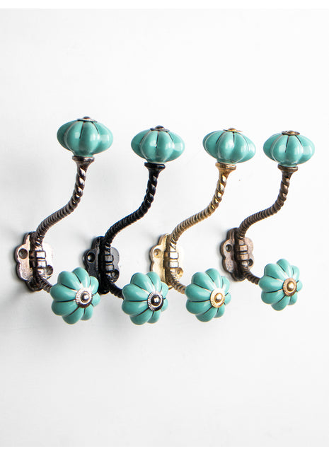 Turquoise Ceramic Flower Shaped Drawer Knob With Metal Wall Hanger