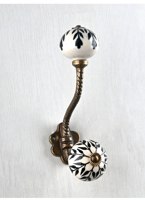 Stylish White Ceramic Black Leaves Knob With Metal Wall Hanger