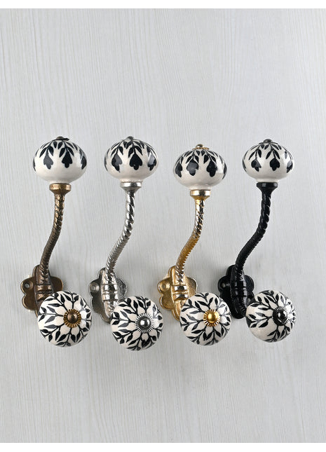 Stylish White Ceramic Black Leaves Knob With Metal Wall Hanger