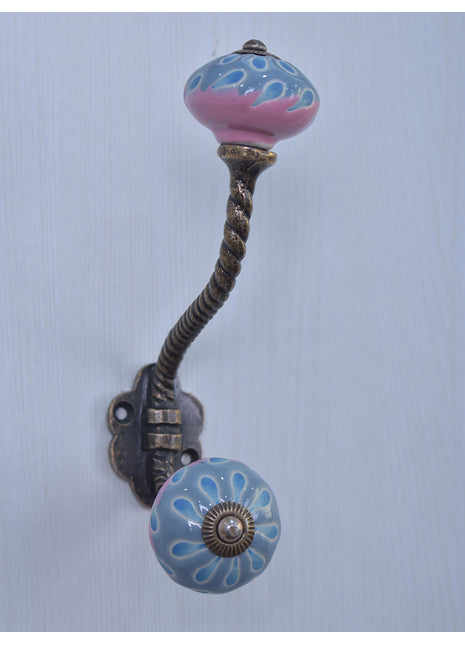 Powder Blue Round Ceramic Knob Turquoise Flower With Metal Wall Hanger