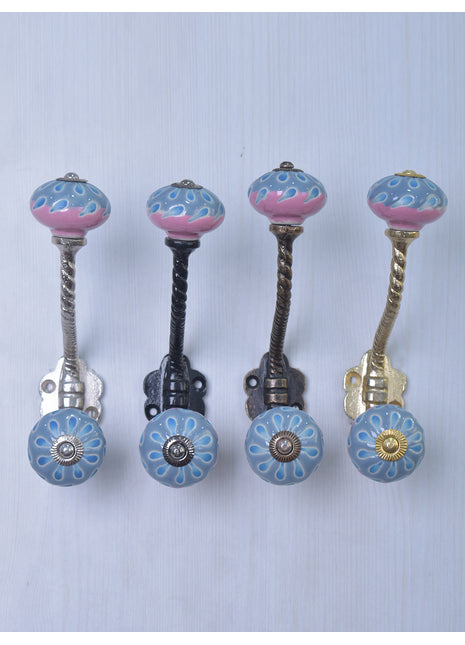 Powder Blue Round Ceramic Knob Turquoise Flower With Metal Wall Hanger