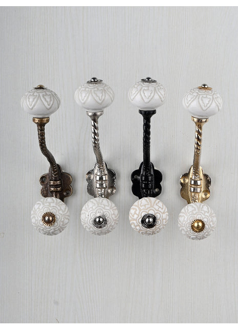 Antique White Ceramic Embossed Knob With Metal Wall Hanger