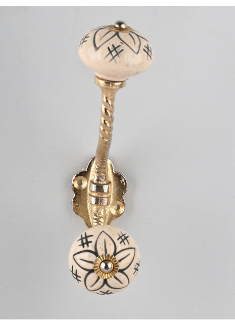 White Round Ceramic Embossed Knob Black Flower With Metal Wall Hanger