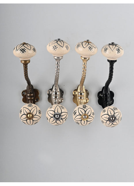 White Round Ceramic Embossed Knob Black Flower With Metal Wall Hanger