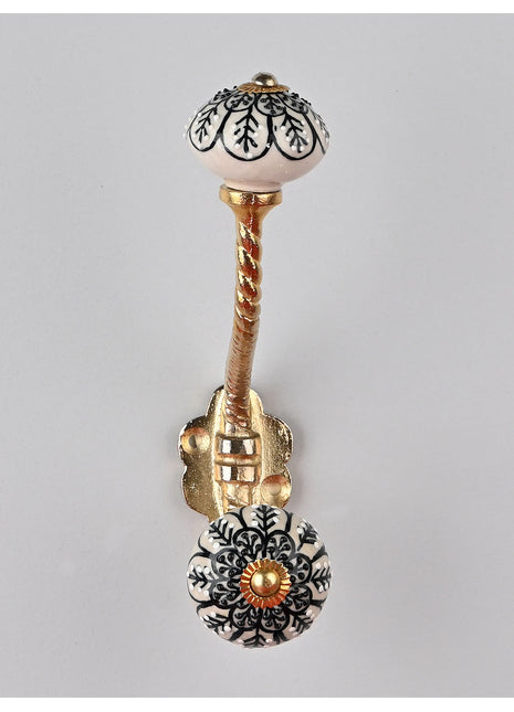 White Ceramic Knob Black Print With Metal Wall Hanger