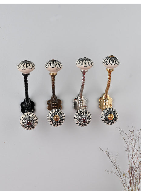 White Ceramic Knob Black Print With Metal Wall Hanger