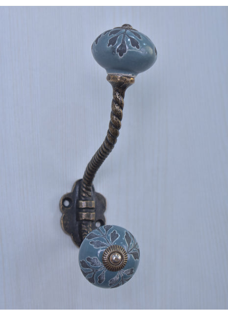 Black Designer Petals on Grey Ceramic Knob With Metal Wall Hanger