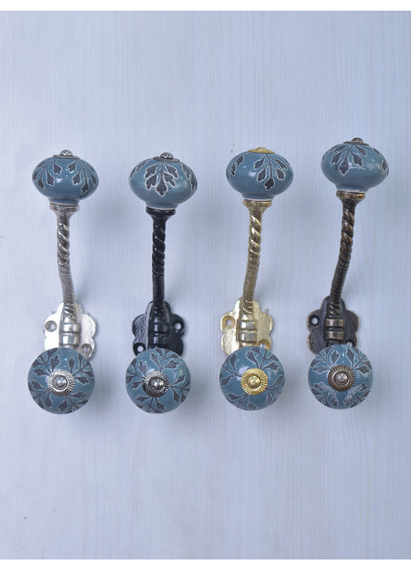 Black Designer Petals on Grey Ceramic Knob With Metal Wall Hanger