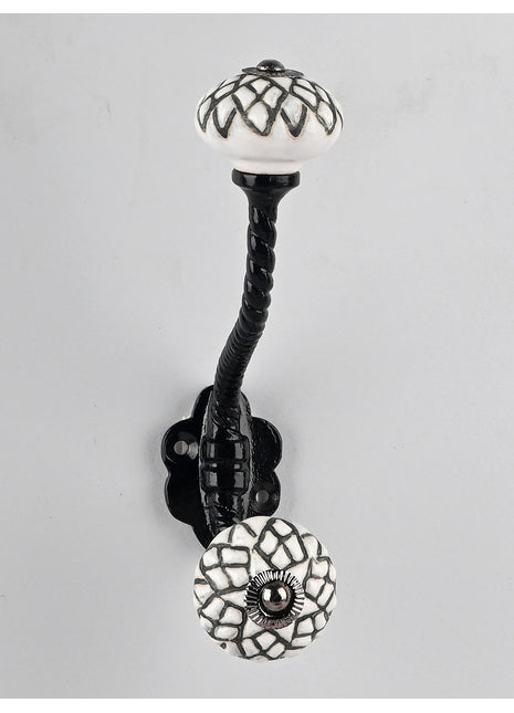 Handmade White Ceramic Knob Black Geometric Design With Metal Wall Hanger