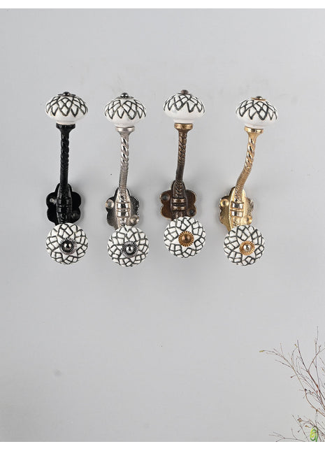 Handmade White Ceramic Knob Black Geometric Design With Metal Wall Hanger
