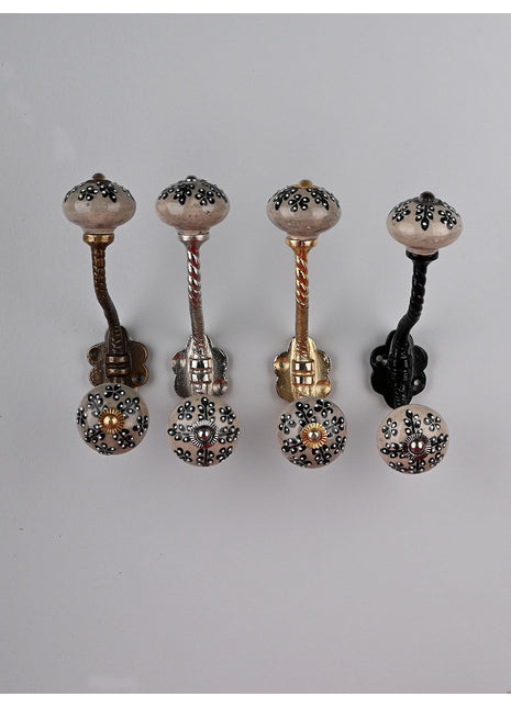 White Dots Ceramic Knob Black Leaves With Metal Wall Hanger