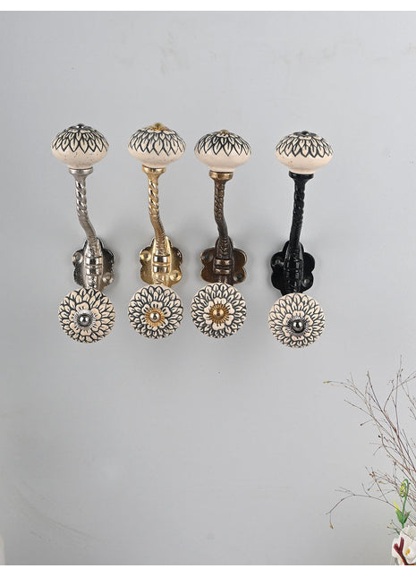 White Ceramic Knob Black Multi-Floral Layer With Metal Wall Hanger