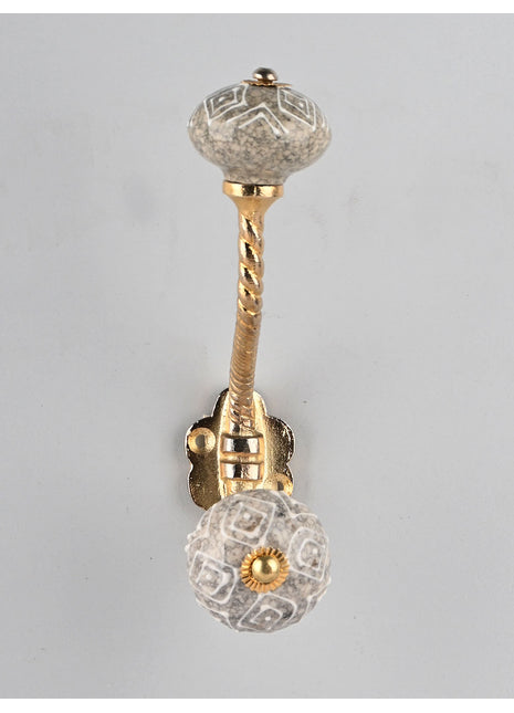 Designer Cracked Grey Ceramic White Embossed Knob With Metal Wall Hanger