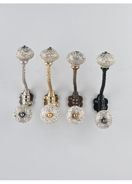 Designer Cracked Grey Ceramic White Embossed Knob With Metal Wall Hanger