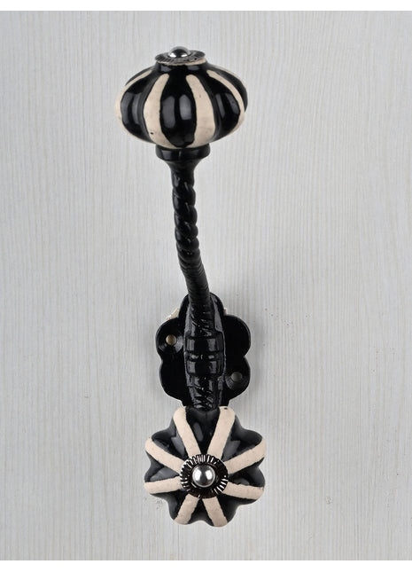 White Floral Ceramic Knob Black Print With Metal Wall Hanger