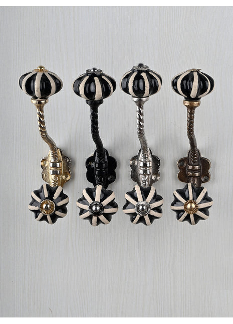 White Floral Ceramic Knob Black Print With Metal Wall Hanger