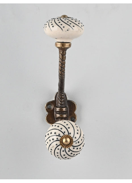 White Ceramic Knob With Black Design With Metal Wall Hanger