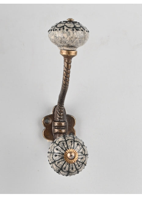 Grey Ceramic Knob With Black Cracked And Embossed Print With Metal Wall Hanger