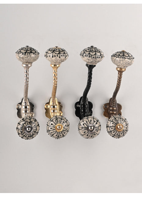 Grey Ceramic Knob With Black Cracked And Embossed Print With Metal Wall Hanger