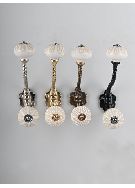 White Ceramic Designer Embossed Dresser Knob With Metal Wall Hanger