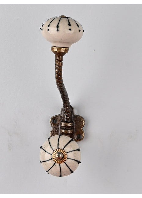 White Ceramic Knob With Black Spiral Lines With Metal Wall Hanger