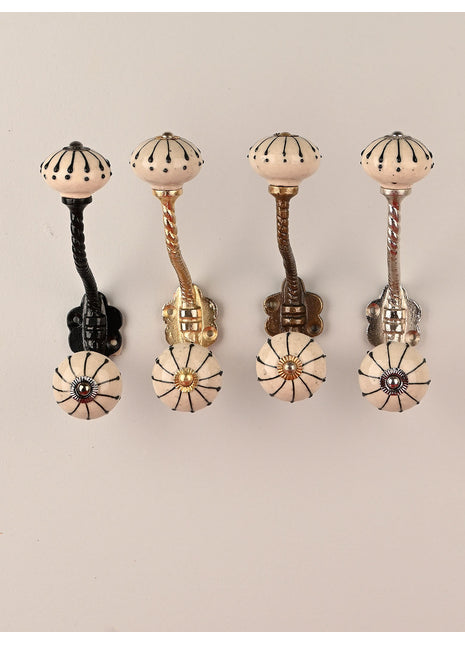 White Ceramic Knob With Black Spiral Lines With Metal Wall Hanger