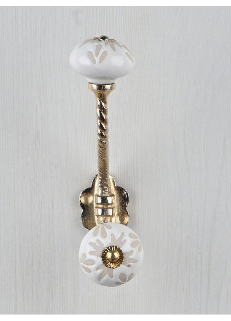 White Ceramic Embossed Floral Design Knob With Metal Wall Hanger