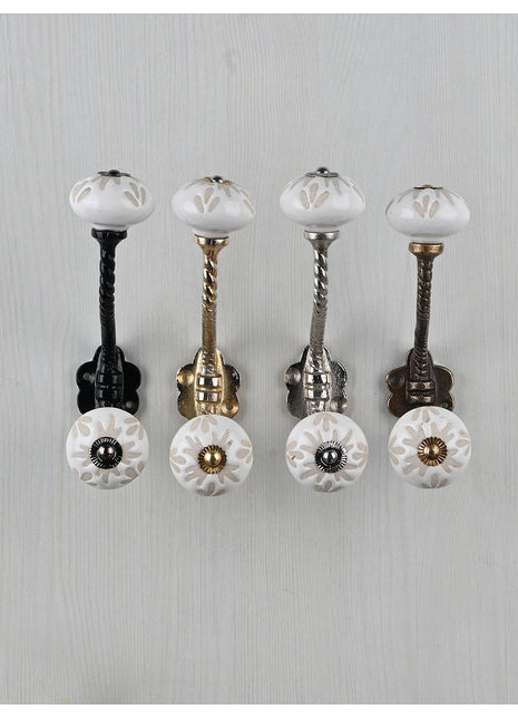 White Ceramic Embossed Floral Design Knob With Metal Wall Hanger