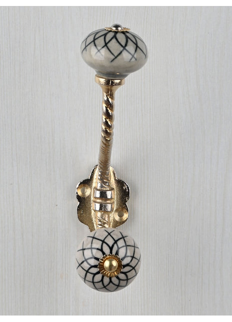 Handmade Black Flower Design on Light Gray Base Ceramic Knob With Metal Wall Hanger