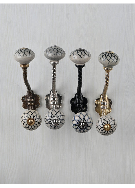 Handmade Black Flower Design on Light Gray Base Ceramic Knob With Metal Wall Hanger