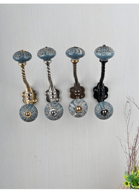 Flower Design on Teal Color Base Knob With Metal Wall Hanger
