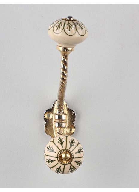 Embossed Flower Design with Green Color on Off white Base Knob With Metal Wall Hanger