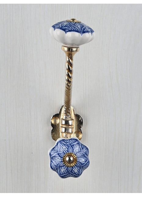 Intricate Blue Floral Pattern On White Base Knob With Metal Wall Hanger