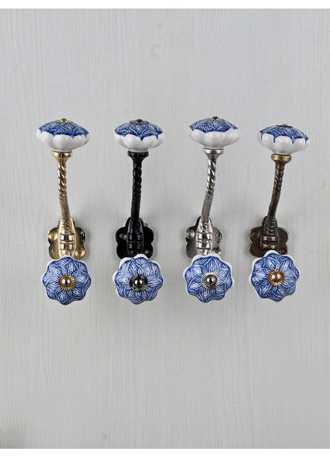Intricate Blue Floral Pattern On White Base Knob With Metal Wall Hanger