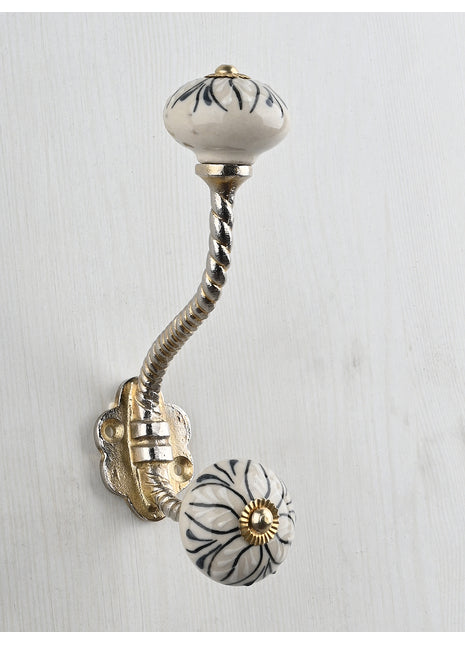 Handmade Round Off-White Base Floral Design Knob With Metal Wall Hanger