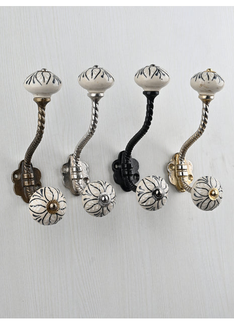 Handmade Round Off-White Base Floral Design Knob With Metal Wall Hanger