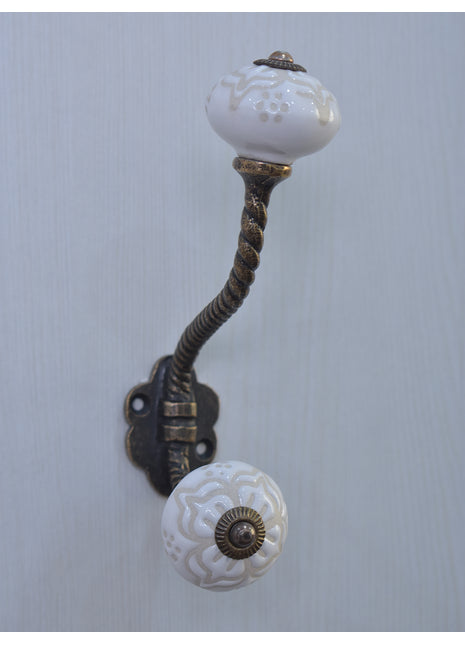 Emmbossed White Ceramic Cabinet Knob With Metal Wall Hanger