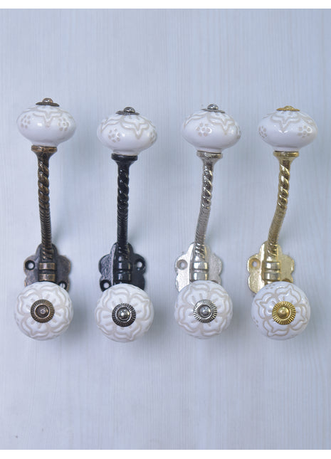 Emmbossed White Ceramic Cabinet Knob With Metal Wall Hanger