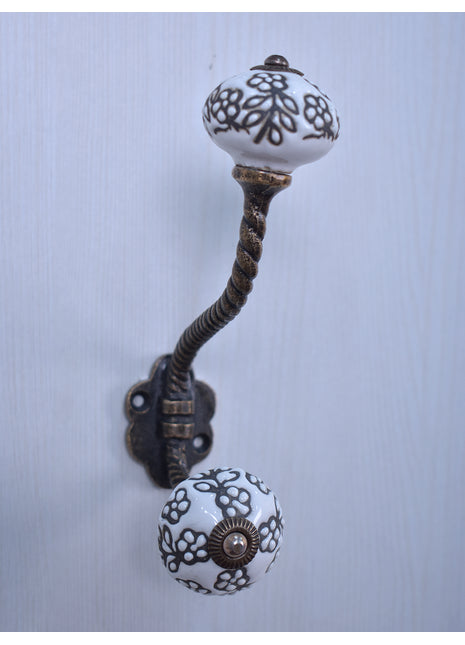 Black Design On White Ceramic Cabinet Knob With Metal Wall Hanger