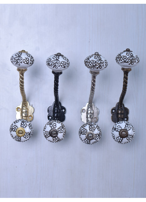 Black Design On White Ceramic Cabinet Knob With Metal Wall Hanger
