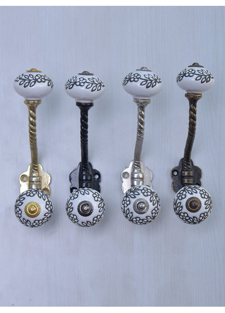 Black Flower On White Ceramic Cabinet Knob With Metal Wall Hanger
