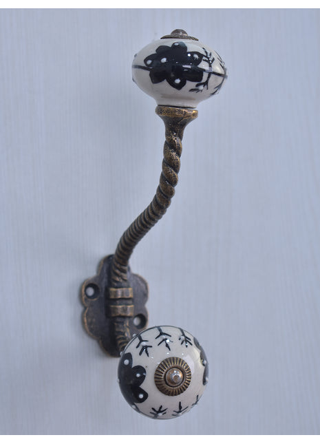 Black Design On White Ceramic Cabinet Knob With Metal Wall Hanger