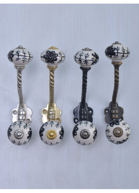 Black Design On White Ceramic Cabinet Knob With Metal Wall Hanger