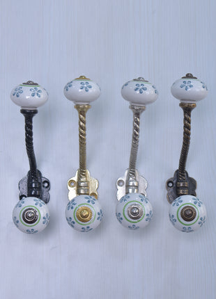 Teal Color Flower Design Knob With Metal Wall Hanger