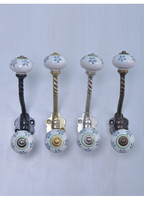 Teal Color Flower Design Knob With Metal Wall Hanger