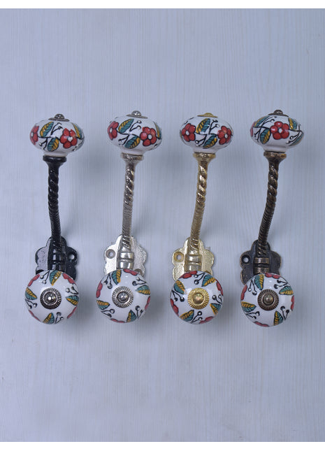 Red Flower On White Ceramic Cabinet Knob With Metal Wall Hanger