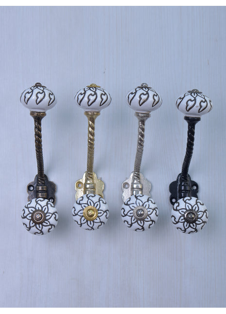 Black Flower and Leaf On White Base Ceramic Knob - Metal Wall Hanger