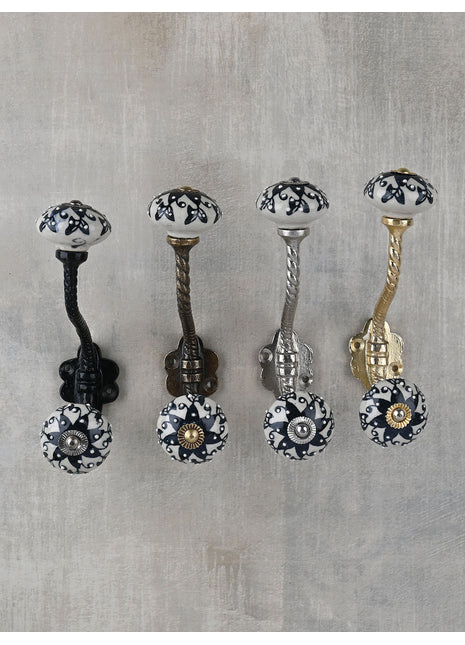 Vintage Black Floral Print On White Cerami Knob With Metal Wall Hanger